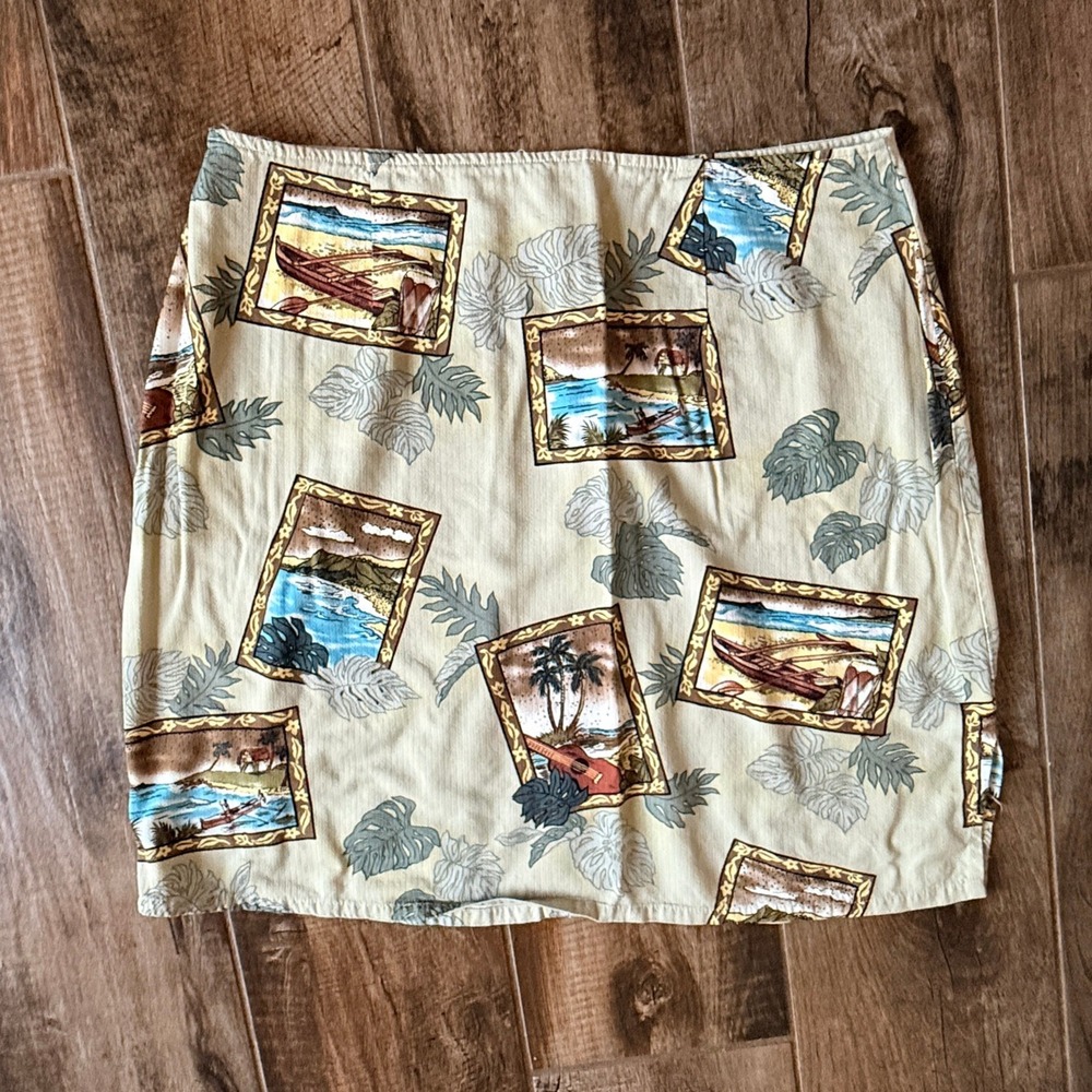 Hilo Hattie VTG Womens Hawaiian Original Postcard Print Dobby Mini Skirt, Tan,20